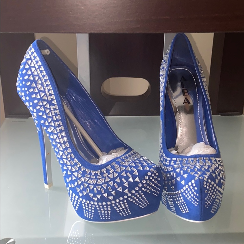 Diamond crusted blue platform heels